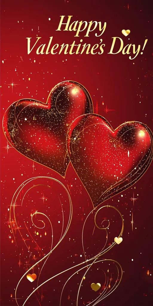 Here's a description of the image:

The image is a Valentine's Day greeting.  Two large, red, heart-shaped balloons, embellished with golden glitter and outlines, take center stage against a deep red background.  Elegant gold swirls connect the hearts, creating a flowing, romantic design. Small, golden hearts and sparkling lights are scattered throughout, enhancing the festive and celebratory mood.  The phrase "Happy Valentine's Day!" is prominently displayed in gold lettering at the top. The overall style is luxurious and romantic.