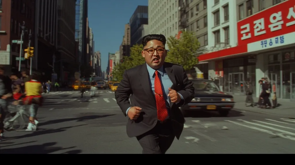 A man resembling Kim Jong-un, in a dark suit and red tie, runs through a busy New York City street.  He appears determined, his expression serious.  The background is a blur of city traffic, pedestrians, and tall buildings.  A Korean sign is visible on a building to the right, adding an incongruous element to the scene.  The overall impression is one of surreal juxtaposition and unexpected movement.