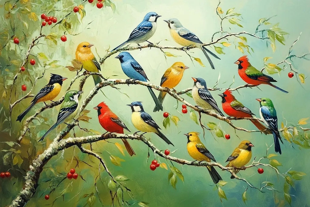 A vibrant painting depicts a lively gathering of colorful birds perched on the branches of a tree laden with red berries.  The birds, in shades of red, yellow, blue, and green, showcase a variety of species.  The branches intertwine, creating a natural and aesthetically pleasing composition against a soft, muted green background. The overall impression is one of cheerful abundance and the beauty of nature.