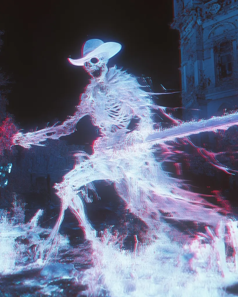 Here's a description of the image:

The image depicts a ghostly, skeletal figure, seemingly a cowboy given its wide-brimmed hat, wielding a large sword.  The figure is rendered with a glitching, digital effect, creating a shimmering, ethereal appearance with streaks of pink and blue. Its form is partially transparent, revealing its skeletal structure beneath a flowing, spectral shroud. The background features a dark, dilapidated building, possibly ancient or ruined, suggesting a desolate setting. The overall aesthetic blends horror, fantasy, and digital art styles, resulting in a surreal and somewhat unsettling visual.