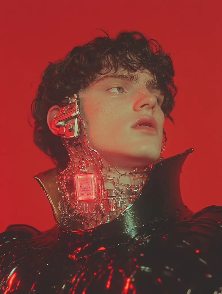 Close-up shot of a young man, styled in a futuristic, cyberpunk aesthetic.  He has short, dark curly hair and pale skin, accentuated by red lighting.  A complex network of metallic circuitry and a small glowing red component are affixed to his neck and ear, seamlessly integrated into a dark, high-collared garment. The overall effect is one of blending human and machine, with a dramatic and slightly unsettling mood. The stark red background enhances the image's bold and intense atmosphere.