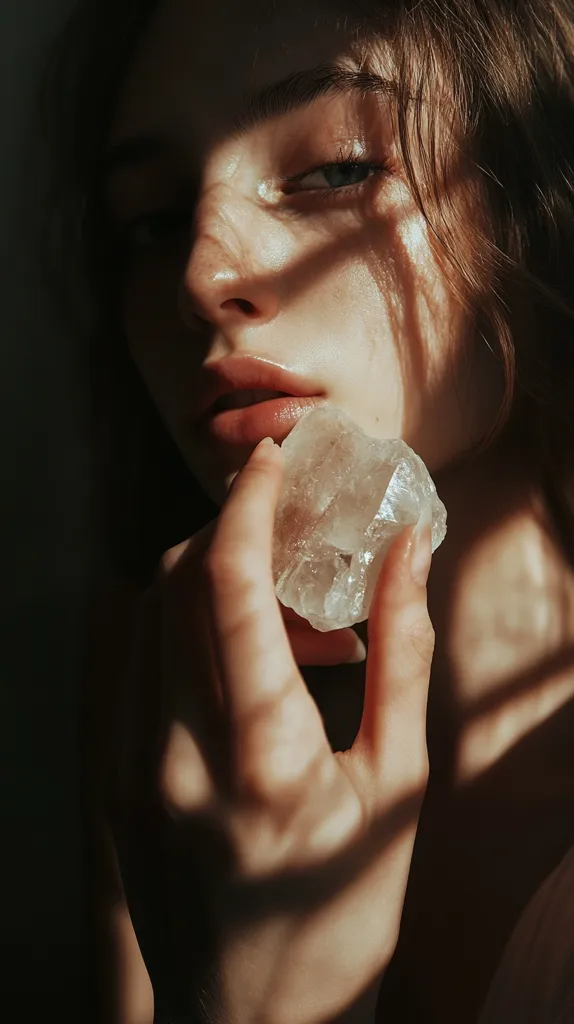 Close-up shot of a young woman's face, partially obscured by shadows cast by sunlight. Her expression is serene, her gaze soft.  She delicately holds a translucent, quartz-like crystal near her mouth. The image emphasizes soft lighting, highlighting the texture of her skin and the crystal's facets.  The overall mood is ethereal and contemplative.