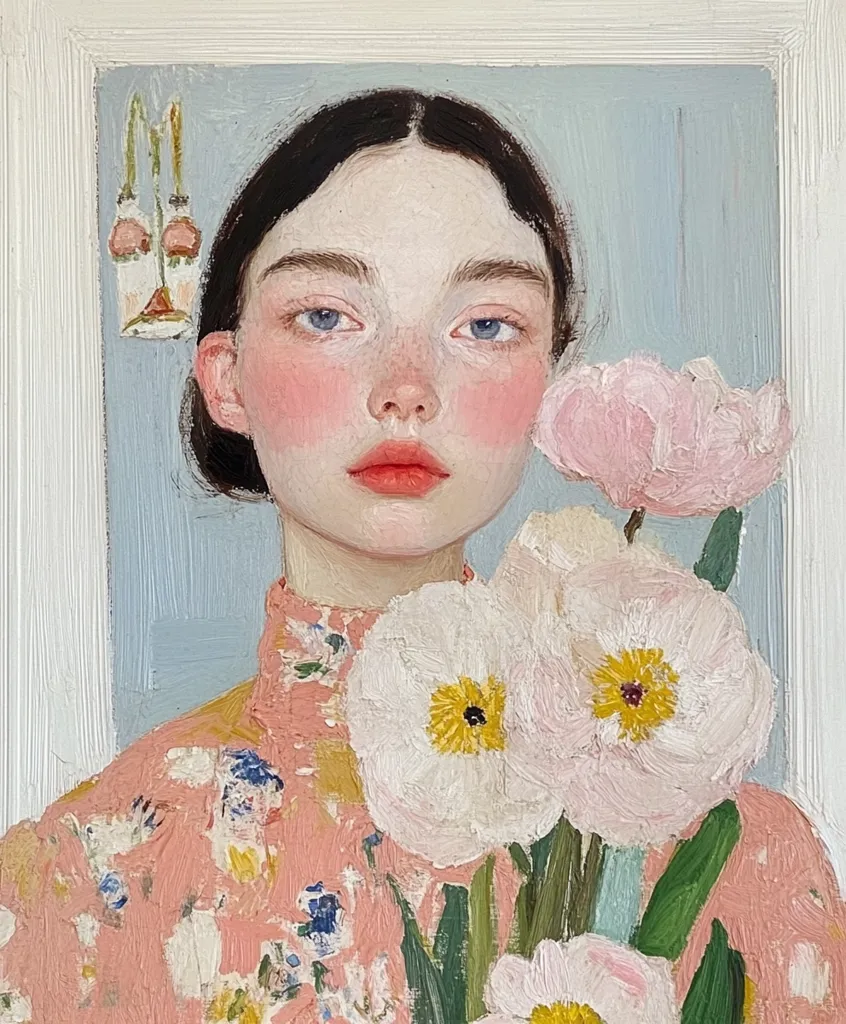 A young woman with fair skin and rosy cheeks is the subject of this oil painting.  Her dark hair is pulled back, and she gazes directly at the viewer with a serene expression. She wears a pink floral blouse. A bouquet of pale pink and white flowers, possibly peonies or anemones, is held close to her chest. In the background, a light blue wall is visible, with a small, decorative element depicted above her shoulder. The painting style is realistic, with visible brushstrokes adding texture. The overall mood is peaceful and delicate.