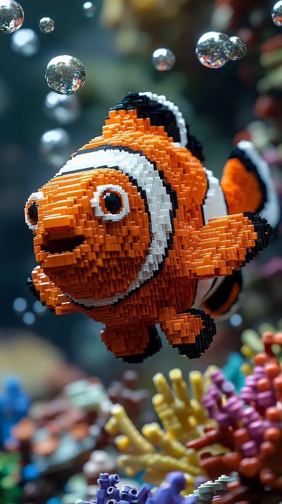 Here's a description of the image:

A meticulously crafted Lego clownfish, vibrant orange and white, swims amidst a blurred background suggesting an underwater scene.  Bubbles float around it, enhancing the aquatic illusion. The fish is highly detailed, showing individual Lego bricks forming its body and fins.  The background features out-of-focus Lego coral in various colors, suggesting a reef environment. The overall impression is one of playful artistry and meticulous Lego construction, creating a charming and whimsical underwater scene.