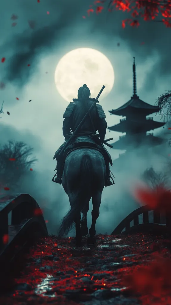 A lone samurai, silhouetted against a luminous full moon, rides a horse across a bridge.  Crimson embers or fallen leaves dot the path, creating a dramatic contrast against the dark, moody atmosphere.  A traditional Japanese pagoda looms in the background, shrouded in mist. The scene evokes a sense of mystery and quiet strength, reminiscent of classical Japanese art and perhaps a video game aesthetic. The samurai's back is to the viewer, leaving their identity and destination ambiguous.