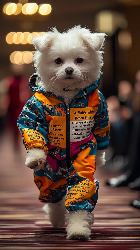A fluffy white Bichon Frise dog struts down a runway, wearing a vibrant, multicolored hooded tracksuit.  The outfit features text detailing the dog's breed and the event. The dog's expression is serious, yet it seems comfortable and confident as it walks. The background is blurred, suggesting a fashion show setting with warm lighting and out-of-focus spectators. The overall image is playful and stylish, highlighting the dog's participation in a high-fashion event.