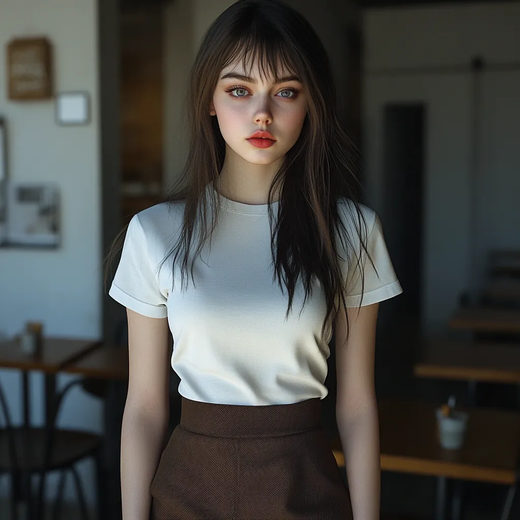 A young woman with long, dark brown hair and bangs stands in a softly lit cafe. She's wearing a simple, off-white short-sleeved t-shirt and a dark brown high-waisted skirt.  Her light skin and striking light eyes contrast beautifully with her dark hair. Her expression is direct and serious, creating a calm and elegant overall impression.  The background is blurred, focusing attention on the woman.