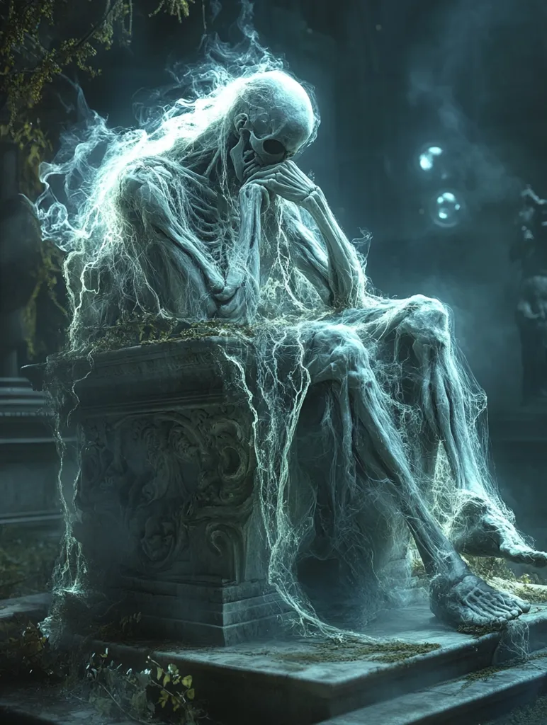 A digital artwork depicts a skeletal figure, seemingly draped in ethereal cobwebs, sitting pensively on an ornate stone tomb.  The skeleton's posture conveys sorrow or contemplation. The scene is dimly lit, creating a somber and haunting atmosphere, further emphasized by the spectral wisps and a mysterious background. The overall effect is one of gothic melancholy and macabre beauty.