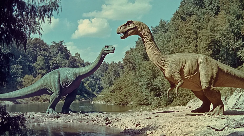 Here's a description of the image:

The image shows two dinosaurs standing near a calm river, set against a backdrop of lush green forest. One dinosaur is a large, long-necked herbivore, possibly a Brachiosaurus, while the other is a theropod, potentially a Tyrannosaurus Rex, characterized by its powerful legs and large head. The lighting suggests daytime, with soft sunlight filtering through the trees. The dinosaurs appear life-sized, creating a realistic scene, possibly a still from a film or a meticulously crafted diorama. The overall mood is peaceful yet slightly tense, hinting at a potential interaction between the two creatures.