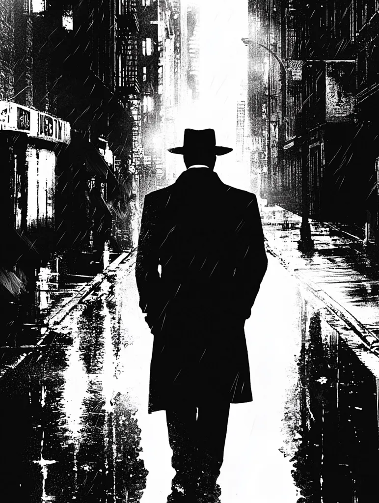 A monochromatic illustration depicts a man in a fedora and long coat walking down a rain-slicked city street. The style is reminiscent of film noir, with stark contrasts between light and shadow. The background is a dimly lit urban alleyway, buildings rising on either side, their details obscured by the rain and low light.  The man is the focal point, his silhouette sharp against the wet pavement, creating a sense of mystery and intrigue. The overall mood is somber and atmospheric.