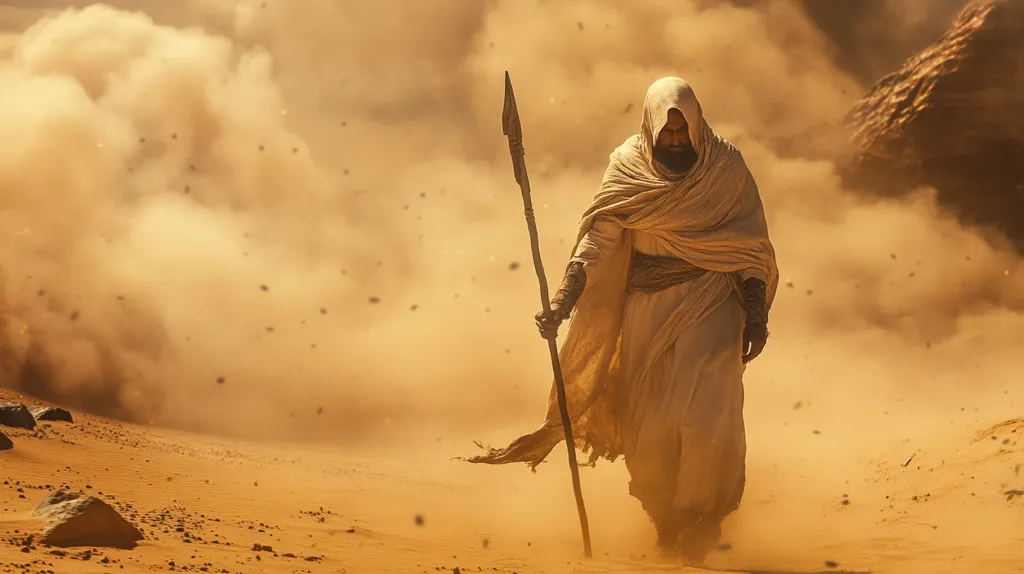 A lone figure, cloaked in flowing white robes, traverses a desolate, sandy landscape.  A powerful dust storm swirls around them, obscuring the horizon. The figure carries a long spear or staff, their face partially hidden by the hood. The scene evokes a sense of isolation, resilience, and the harsh beauty of a desert environment.  The overall color palette is muted, dominated by oranges and browns, enhancing the feeling of aridity and intensity.