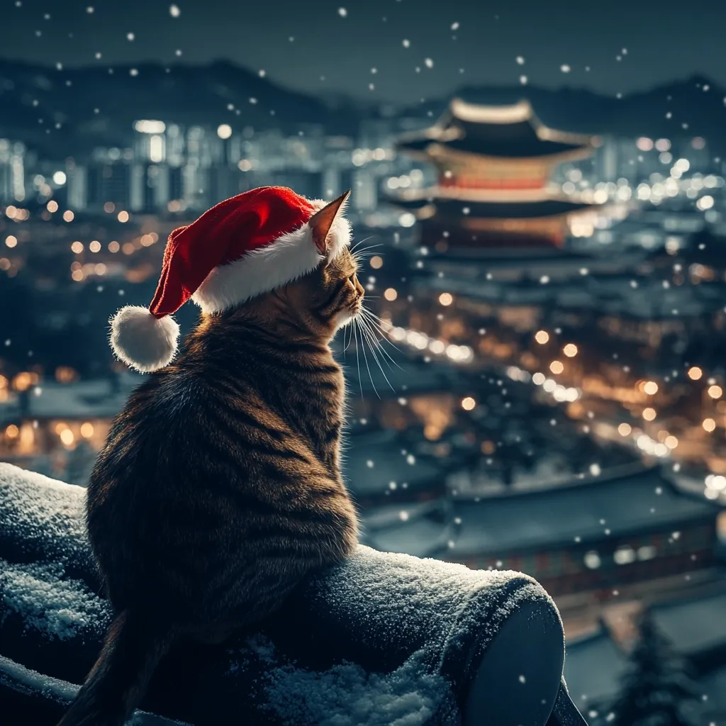 Here's a description of the image:

A tabby cat, wearing a Santa hat, sits perched on a snow-dusted rooftop overlooking a city at night.  Snow gently falls, creating a magical, festive atmosphere. The cityscape is beautifully illuminated, with warm lights twinkling in the distance, and a traditional-style building is visible in the background. The cat gazes pensively out at the scene, seemingly lost in contemplation of the snowy, Christmas-lit city below. The overall mood is peaceful, heartwarming, and evokes a sense of Christmas wonder.