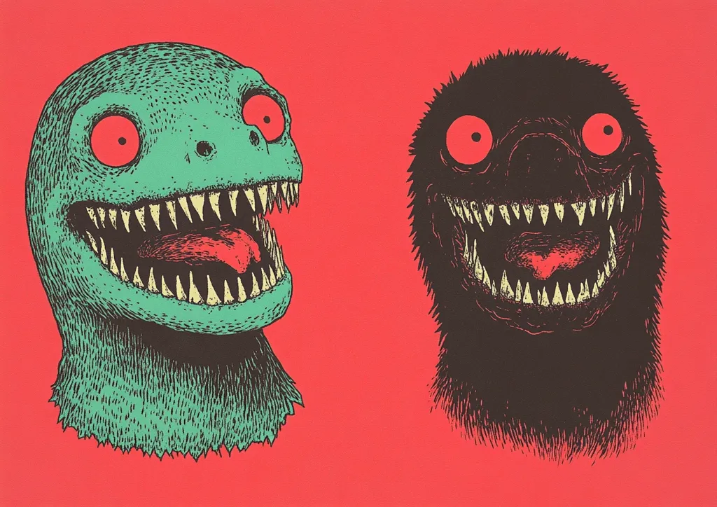 Against a vibrant red backdrop, two monstrous figures with exaggerated features are depicted.  One is teal, resembling a reptilian creature, while the other is black, more akin to a furry beast. Both have large, red eyes, sharp teeth, and tongues protruding from wide-open mouths, conveying a grotesque, yet strangely joyful expression.  The style is reminiscent of vintage horror comics, with bold lines and a stark contrast between colors.  The overall effect is unsettling yet captivating.