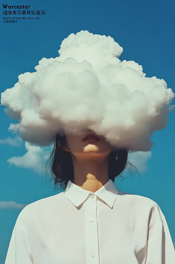Here's a description of the image:

The photograph features a young woman with dark hair, wearing a crisp white collared shirt. A large, fluffy white cloud obscures her face from the chin up, creating a surreal and dreamlike effect. The background is a vibrant, clear blue sky. The overall mood is serene and slightly mysterious, with a focus on the juxtaposition of the woman and the cloud.  The image has a clean, almost minimalist aesthetic.  Text in both English and Chinese is visible at the top, likely providing additional context or title information.