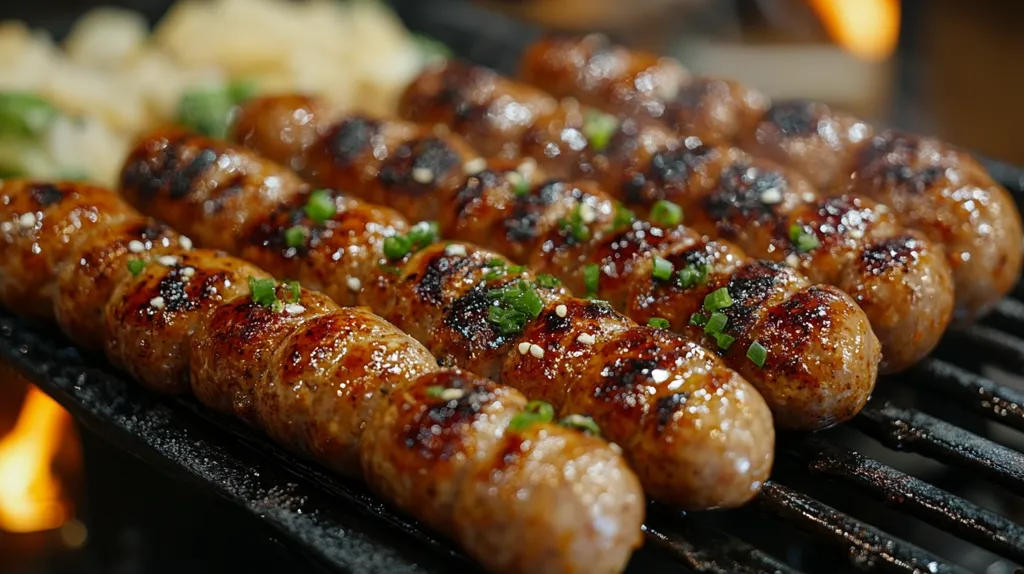 Close-up view of several grilled sausages on a hot grill.  The sausages are plump, glistening with a browned, caramelized exterior, and sprinkled with what appears to be sesame seeds and finely chopped green onions.  They are arranged in neat rows, suggesting they are skewered.  The background is blurred but shows more food, possibly vegetables, and hints of fire, indicating they are being cooked outdoors. The overall impression is one of delicious, savory food freshly prepared.