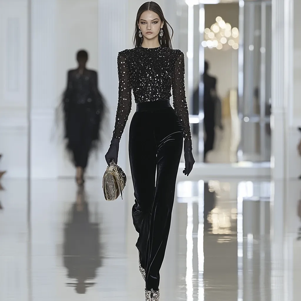 A fashion model strides down a gleaming runway, showcasing an elegant all-black ensemble.  She wears a long-sleeved, sequined top paired with wide-legged velvet trousers.  Long black gloves and delicate earrings complement the outfit.  A gold clutch bag adds a touch of subtle glamour.  The background is blurred, drawing focus to the model's sophisticated attire. The overall impression is one of refined elegance and high fashion.