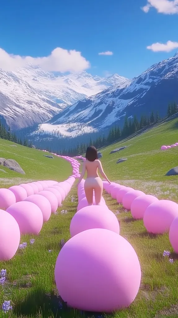 A nude, dark-haired woman walks away from the viewer along a path of large, light pink spheres. The path stretches from the foreground to a valley nestled between snow-capped mountains under a bright blue sky with fluffy white clouds.  Green grass covers the valley floor and flanks the unusual pathway. The overall scene is surreal and peaceful.