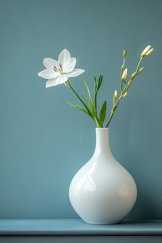 A single, elegant white flower, possibly a lily or tulip, is the focal point of this minimalist image.  It sits in a simple, round, white vase against a muted teal-blue wall.  The stem and buds add delicate asymmetry. The clean lines and muted tones create a serene and calming visual, emphasizing the flower's purity and beauty. The scene is captured on a matching teal-blue surface.