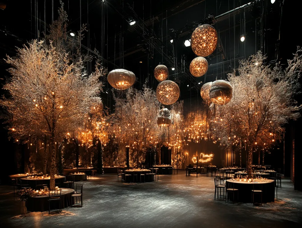 A large, dark venue is transformed into a magical forest for a wedding reception.  Numerous bare, frosted trees are interspersed with round, glowing light fixtures suspended from the ceiling.  Tables draped in dark linens are arranged throughout the space, creating an intimate and enchanting atmosphere.  The overall effect is luxurious and whimsical, with a sophisticated blend of rustic and modern elements.