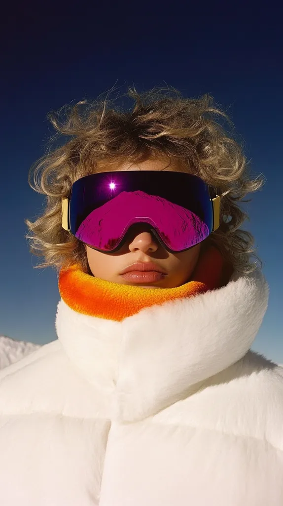 Close-up of a person with curly blond hair wearing vibrant purple ski goggles and a fluffy white puffer jacket.  An orange neck warmer is visible beneath the jacket's collar. The background is a clear, deep blue sky, suggesting a snowy or winter setting. The image has a fashion-focused aesthetic, highlighting both the clothing and accessories.  The sun's reflection is visible in the goggles' lenses.