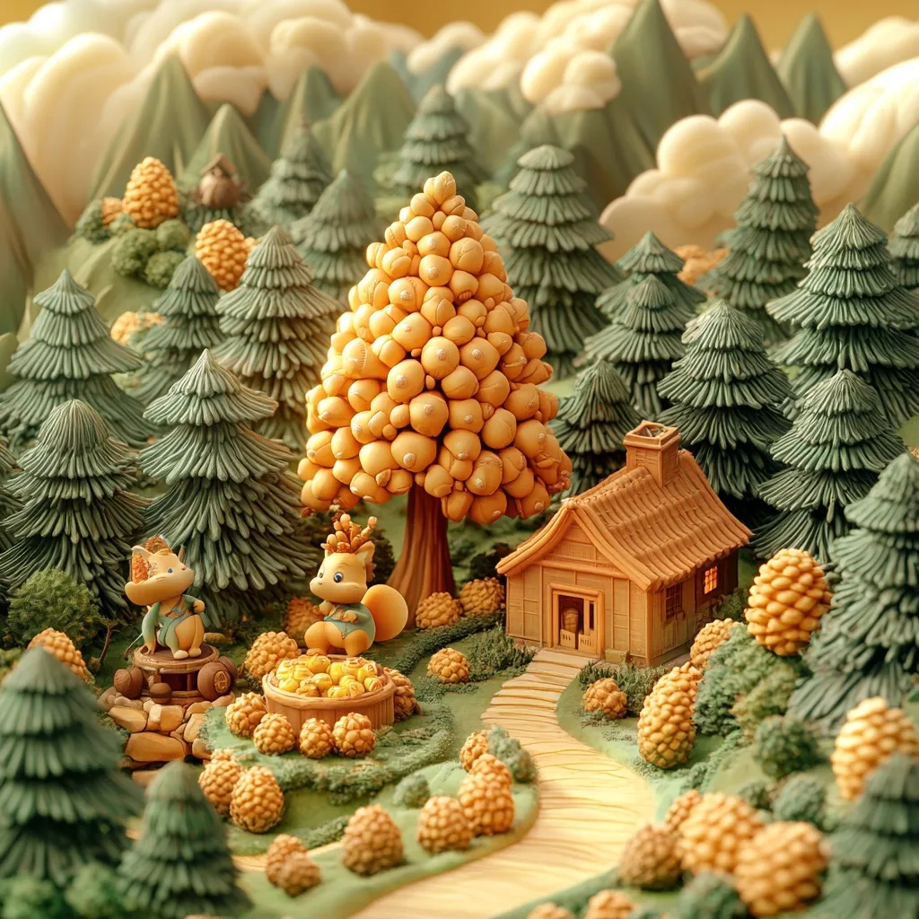 A whimsical miniature forest scene unfolds, crafted from what appears to be clay or polymer.  Two charming squirrel figurines sit near a small wooden house nestled amongst meticulously detailed evergreen trees.  A unique, bulbous tree dominates the center, its fruit-like appendages a striking golden hue.  The pathway meandering through the landscape leads to the cozy cottage, creating a peaceful, idyllic setting. The overall texture and color palette evoke a warm, autumnal feel.