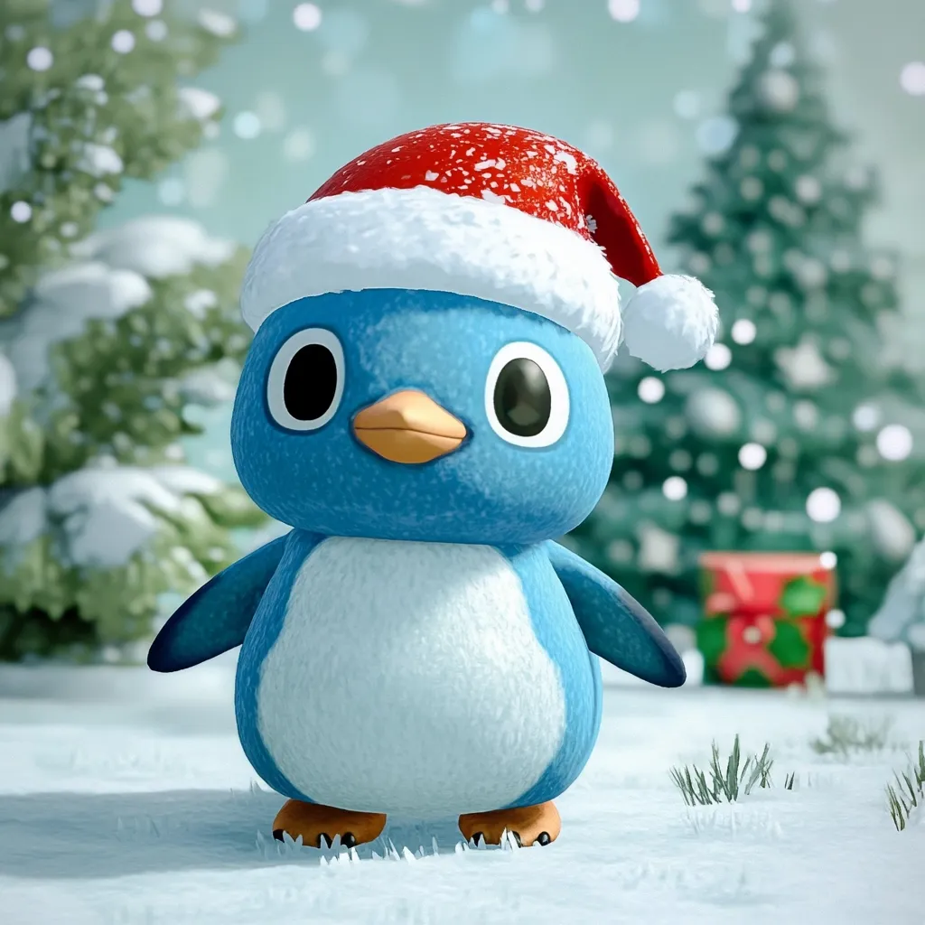 Here's a description of the image:

A charming, cartoonish penguin, rendered in 3D, stands in a snowy Christmas scene.  The penguin is predominantly blue and white, with large, expressive eyes. It wears a Santa hat dusted with snow.  The background features blurry evergreen trees dusted with snow, and a partially visible red Christmas present. The overall style is cute and festive, evoking a warm and cheerful holiday atmosphere.