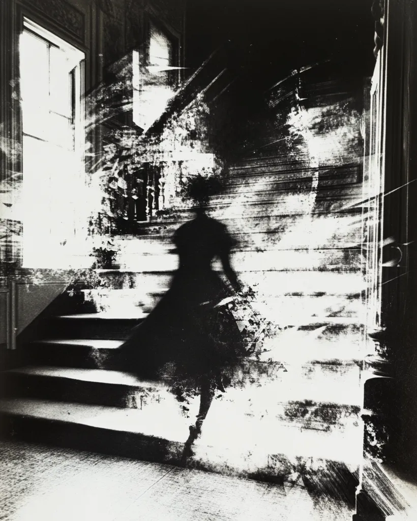 A black and white photograph depicts a blurred, ghostly figure of a woman in a dark dress descending a staircase within an elegant, dimly lit interior. The image is heavily textured with streaks of white and black, creating a sense of motion and etherealness. The architectural details of the building, including a visible doorway and ornate molding, are partially obscured by the blurring effect. The overall mood is mysterious and dreamlike, suggesting a fleeting moment captured in time.