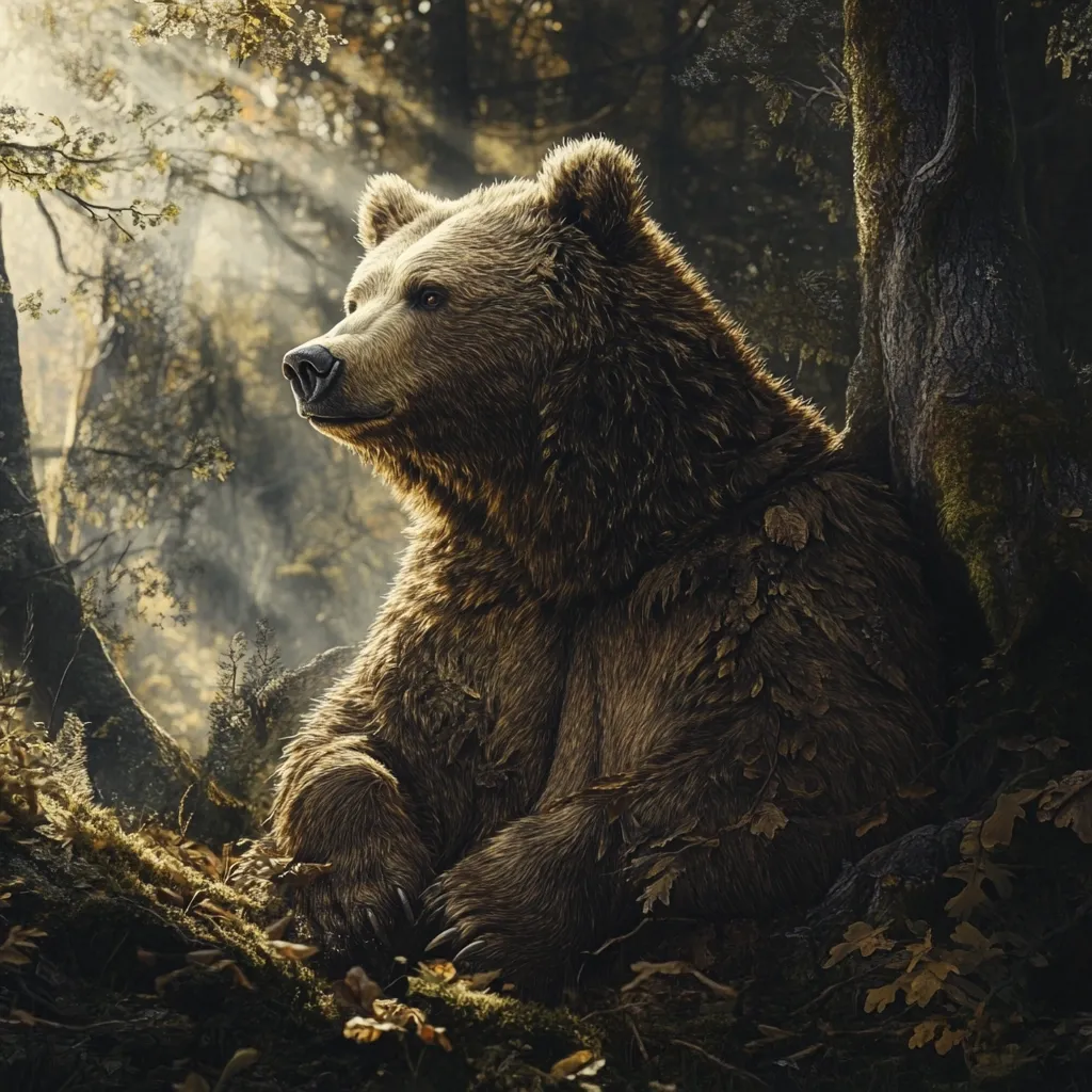 Here's a description of the image:

A majestic brown bear sits serenely in a dimly lit forest, partially obscured by the shadows of ancient trees.  Sunlight filters through the canopy, illuminating the bear's thick, textured fur and creating a mystical atmosphere.  The bear's posture suggests calm contemplation, its gaze directed thoughtfully off into the distance.  Fallen leaves and moss carpet the forest floor, adding to the overall sense of age and tranquility within the woodland scene. The image has a painterly quality, enhancing its dramatic effect.