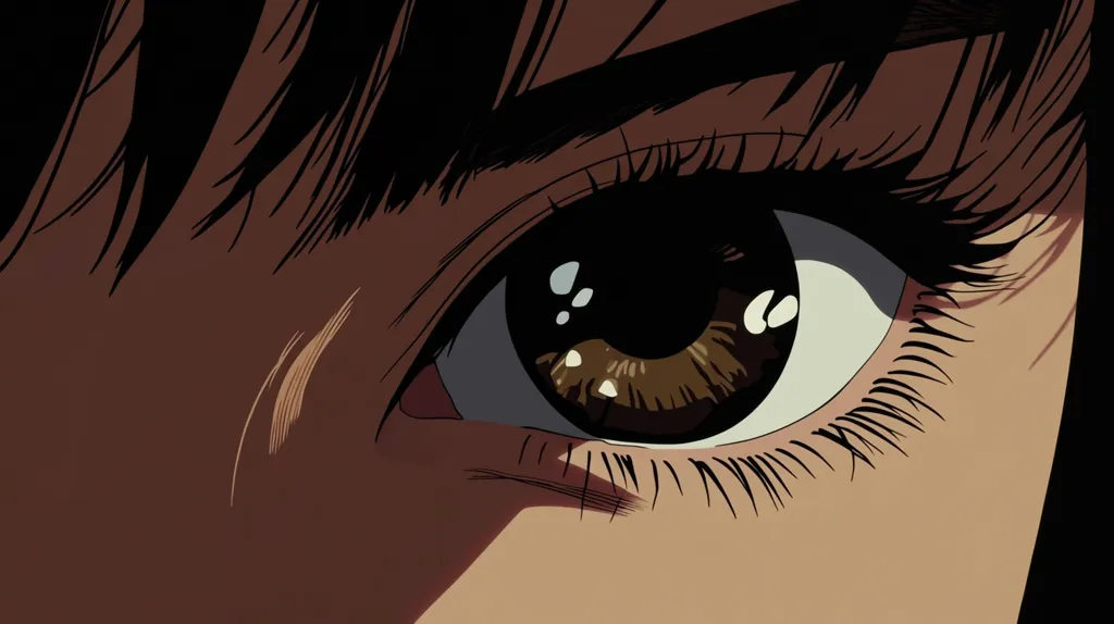 Here's a description of the image:

Close-up view of a stylized anime-style female eye. The eye is large and expressive, featuring long, dark eyelashes and a deep brown iris with subtle highlights that suggest depth and shine. The eyebrow is thick and slightly arched. The skin tone is a warm, muted brown. The style is reminiscent of classic anime, with bold outlines and smooth shading. The dark hair partially obscures the upper portion of the eye, creating a shadowed effect.  The overall mood is one of quiet intensity or contemplation.