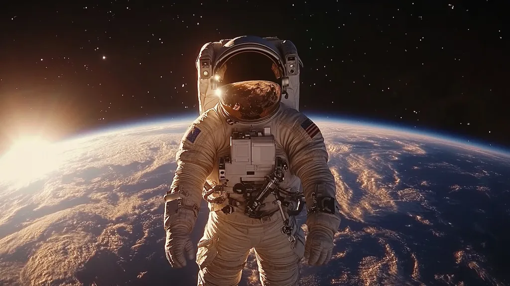 Here's a description of the image:

The image shows an astronaut performing a spacewalk, with Earth's curved horizon visible in the background. The astronaut's suit is detailed, showing various equipment and the American flag patch.  The Earth below is bathed in the warm glow of a rising or setting sun, creating a dramatic contrast against the blackness of space, speckled with stars.  The overall impression is one of awe and the vastness of space.