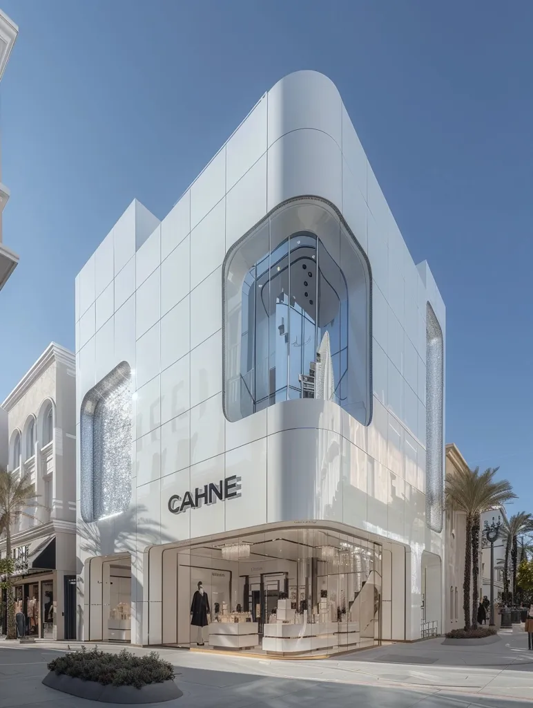 Here is a description of the image in under 100 words:

The image shows a modern, minimalist storefront for the brand CAHNE.  The building is predominantly white with curved, glass-fronted sections.  Large windows showcase the interior, while a crystal-like feature is visible on one side. The design is sleek and contemporary, situated in what appears to be an upscale outdoor shopping mall. Palm trees and a partially visible adjacent building are in the background, suggesting a sunny, warm climate. The overall impression is one of luxury and sophistication.