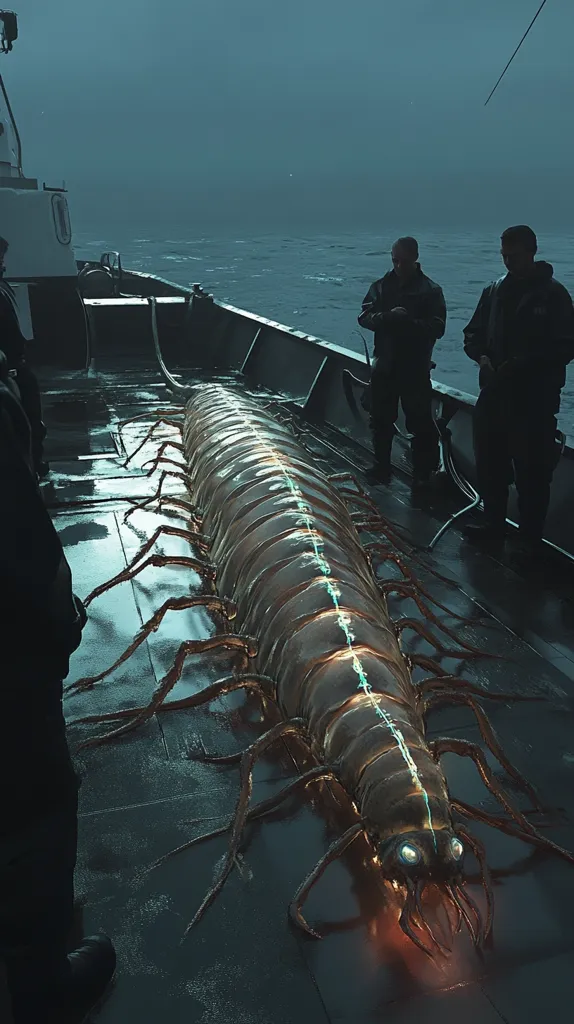 Here is a description of the image:

The image depicts a colossal, translucent centipede-like creature lying on the deck of a dark-colored ship at night.  Its exoskeleton glows faintly, revealing internal structures. Three figures in dark clothing stand on the deck, observing the creature with a mixture of awe and apprehension.  The ocean is dark and calm in the background, under a dusky sky. The scene evokes a sense of mystery and unease, possibly suggesting a science fiction or horror context. The wet deck reflects the dimly lit creature and figures.