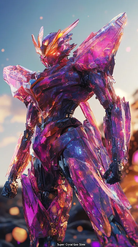 The image showcases a striking mecha, seemingly crafted from iridescent purple and pink crystals.  Its design is intricate and angular, with sharp crystalline edges and glowing accents. The mecha stands against a backdrop of a fiery, sunset-like sky, creating a dramatic contrast. The overall aesthetic is otherworldly and fantastical, blending futuristic technology with a gemstone-like texture.  The bottom caption reads "Super Crystal Goo Slime".