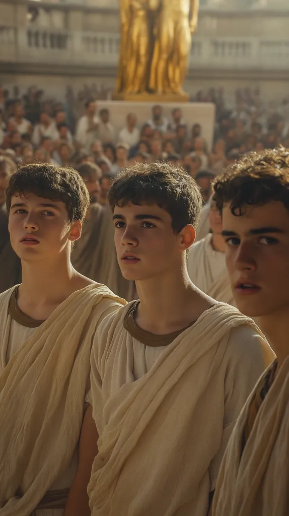 Three young men, dressed in simple, light beige togas, stand prominently in the foreground.  They are positioned before a large crowd gathered in a sunlit plaza. A golden statue of several figures is visible in the background, suggesting a classical setting. The overall atmosphere is serene yet suggestive of an important public event or ceremony. The focus is on the three youths, their expressions varying from serious to pensive.  The scene is reminiscent of ancient Roman or Greek life.