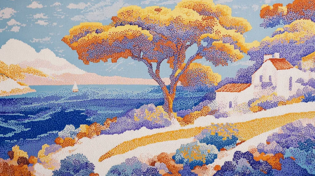 This pointillist-style painting depicts a serene coastal scene.  A small, white house with a red roof sits nestled amongst vibrant, textured bushes and trees.  A large tree with yellow and orange foliage dominates the foreground, its branches reaching towards a calm, blue sea dotted with small waves. In the distance, a sailboat adds a sense of tranquility to the picturesque landscape under a light blue sky.  The overall effect is one of warmth and peaceful beauty.