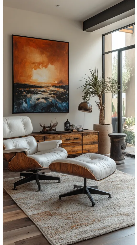 Here's a description of the image:

A mid-century modern living space is showcased, featuring a white leather Eames Lounge Chair and Ottoman resting on a neutral-toned rug.  A large abstract painting in warm oranges and blues hangs above a rustic wooden sideboard. A tall potted yucca plant adds a touch of nature, while a stylish floor lamp provides ambient lighting.  The room's large window offers a view of outdoor greenery. The overall aesthetic is sophisticated and calming, blending natural elements with mid-century design.