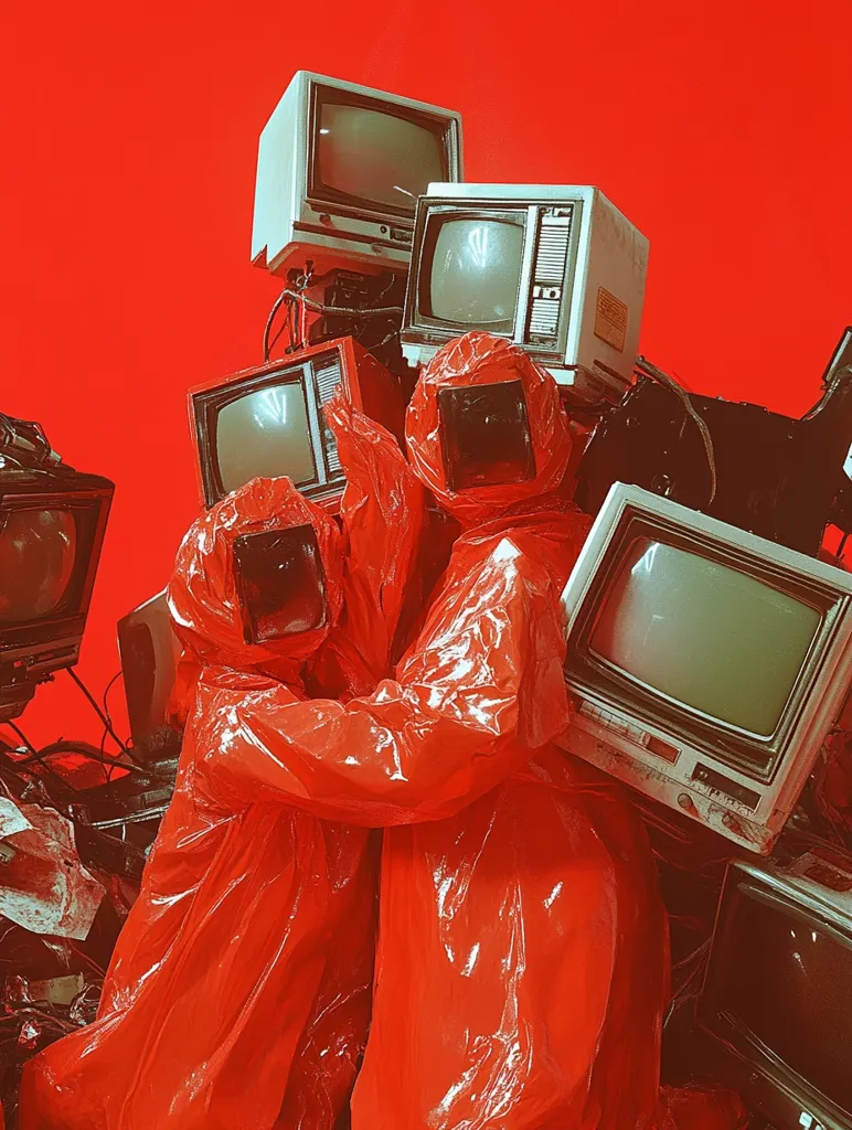 Here's a description of the image:

Against a vibrant red backdrop, several vintage televisions are haphazardly stacked, forming a chaotic pile.  Two figures, completely enveloped in shiny, red raincoats, are partially obscured amidst the electronics. The raincoats are glossy, reflecting light, and the figures’ faces are hidden by the hoods. The overall effect is surreal and slightly unsettling, suggesting an overwhelming presence of media or a dystopian theme.  The image's bold colors and contrasting textures create a striking visual impact.