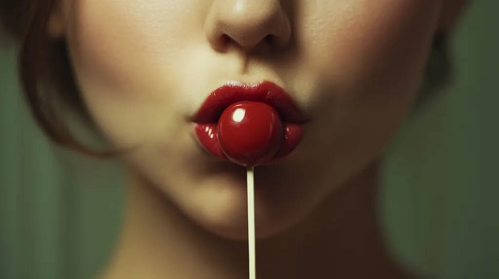 Close-up of a young woman's face, her lips painted a vibrant red.  A bright red, round lollipop is held between her lips, its stick extending downwards.  Her expression is subtle, and the focus is sharply on her mouth and the candy. The background is a blurred, muted green. The overall image is sensual and evocative, with a focus on texture and color.