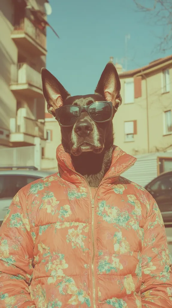 Here's a description of the image:

The photo shows a dog's head and shoulders, seemingly photoshopped onto a human body. The dog, a dark-colored breed with large ears, wears dark sunglasses. The body is dressed in a peach-colored puffer jacket with a floral print. The backdrop is a slightly out-of-focus urban setting with apartment buildings. The overall style is retro or vintage, with muted colors and a slightly grainy texture. The image is humorous and quirky, with a surreal juxtaposition of animal and human elements.