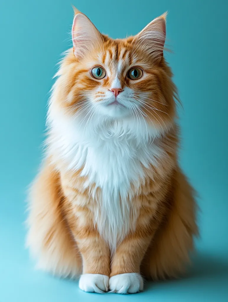 Here's a description of the image:

A fluffy long-haired cat, predominantly orange with a white chest and paws, sits against a light teal background.  The cat's gaze is directed straight ahead, its expression calm and attentive.  Its fur appears soft and thick, and the overall image is sharply focused, highlighting the texture of the fur and the cat's bright green eyes. The pose is elegant and relaxed, showcasing the cat's beauty.