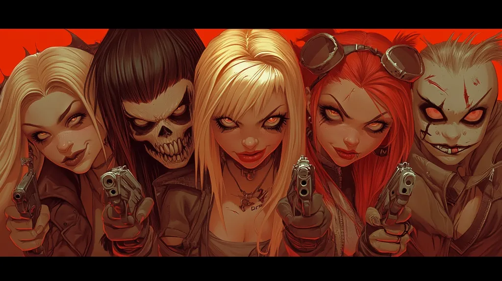 Five stylized female characters, each with distinct features and expressions, are depicted in a close-up shot. They are positioned side-by-side, each wielding a handgun.  Their appearances range from a blonde bombshell and a skull-faced woman, to a red-haired woman in goggles and a scarred, almost demonic-looking girl. The overall aesthetic is dark, edgy, and slightly gothic, with a strong emphasis on vibrant, contrasting colors against a crimson backdrop. The image suggests a powerful, possibly rebellious, collective.