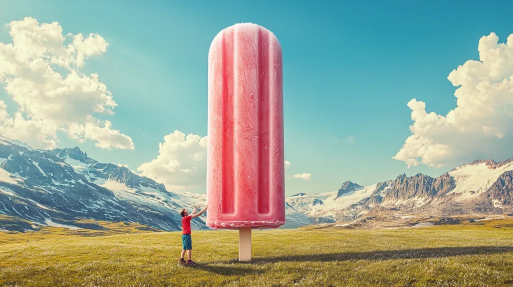 Here is a description of the image:

The image shows a giant pink popsicle standing upright in a grassy field, dwarfed only by a mountain range in the background.  A man in a red shirt and shorts stands at the base of the popsicle, his small size emphasizing the sheer scale of the frozen treat. The sky is a bright, clear blue with fluffy white clouds. The scene is surreal and whimsical, a playful juxtaposition of nature and oversized confectionery. The overall mood is sunny and lighthearted.