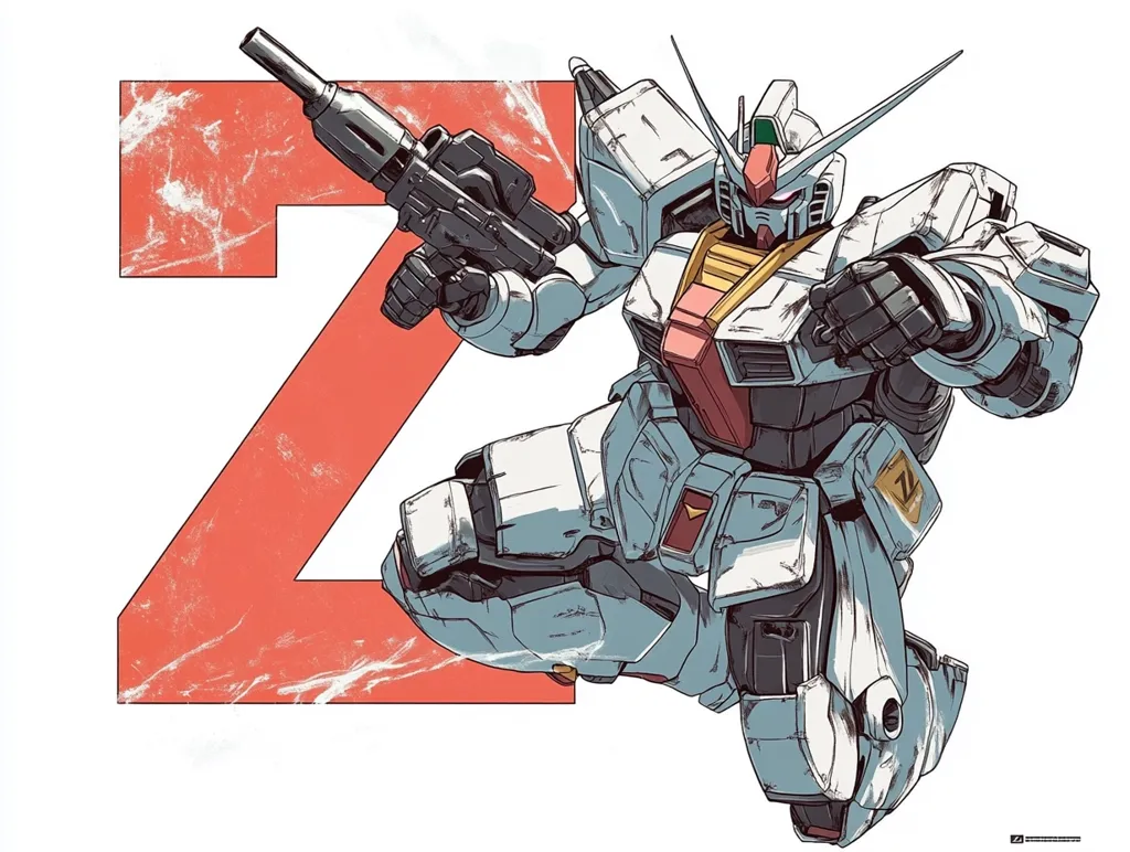 Here's a description of the image:

The illustration depicts a mecha, possibly a Gundam, dynamically posed mid-action.  Its predominantly white and gray armor shows signs of wear and battle damage.  The mecha brandishes a dark gray firearm, its design suggestive of a rifle or machine gun.  It’s positioned against a large, stylized, coral-red "Z," which appears scratched or weathered, adding to the gritty aesthetic. The overall style is a blend of manga and mecha design, with detailed linework and a color palette that balances light and dark tones.  The background is clean and white, drawing all attention to the central figure.