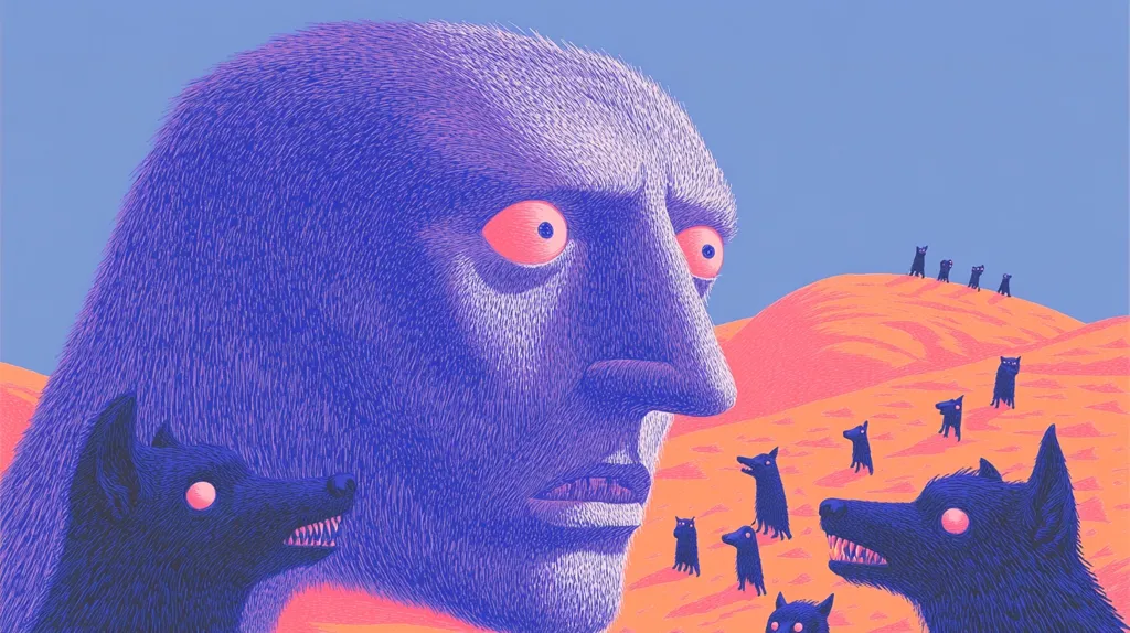 The artwork depicts a large, hairy, purple-toned head with wide, fearful eyes, positioned prominently in the foreground. Its expression is one of apprehension. Surrounding the head are numerous small, dark-colored, stylized canines on an orange, hilly landscape. The dogs appear to be encircling the giant head. The style is surreal and graphic, utilizing bold color contrasts and a distinctive textural quality. The overall feeling is one of unease and potential threat.