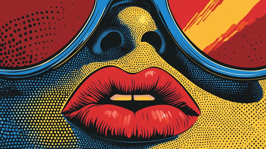 Here's a description of the image:

The image is a vibrant, close-up depiction of a woman's face, styled in a bold, pop art aesthetic.  Dominating the foreground are full, red lips, rendered with meticulous detail and dramatic shading.  The lips are framed by the top half of large, rounded sunglasses with a blue rim.  The background is a dynamic blend of red, yellow, and blue Ben-Day dots, creating a textured and energetic effect.  The woman's nose and part of her forehead are visible, also rendered in the same pop art style with a focus on strong lines and contrasting colors. The overall impression is one of stylized glamour and retro energy.