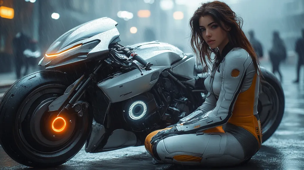 A striking digital image depicts a young woman in futuristic, grey and orange racing gear seated beside a sleek, silver motorcycle. The bike, with glowing orange and white accents, seems to be futuristic in design. Rain slicks the city street behind her, blurring the background and emphasizing the woman and the machine in sharp focus.  Her expression is serious and captivating, adding to the overall cyberpunk aesthetic of the scene.
