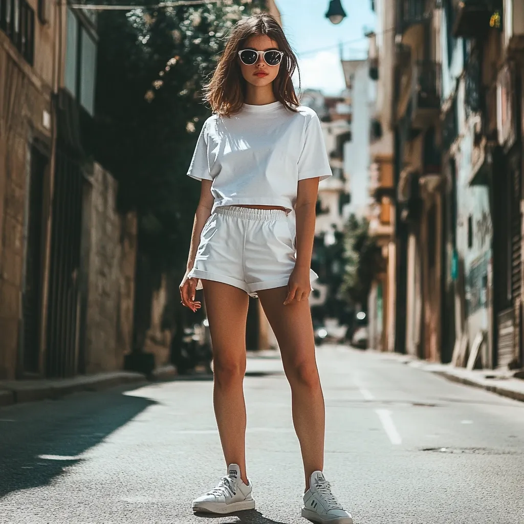 Here's a description of the image:

A young woman with shoulder-length brown hair and sunglasses stands in the middle of a sun-drenched street.  She's wearing an all-white outfit: a cropped t-shirt and matching shorts, paired with white sneakers. The setting appears to be a European city, with aged buildings lining the street.  The overall style is casual and chic, with a focus on the simplicity of the white ensemble against the textured background. The image has a slightly vintage or filtered quality, enhancing the mood.