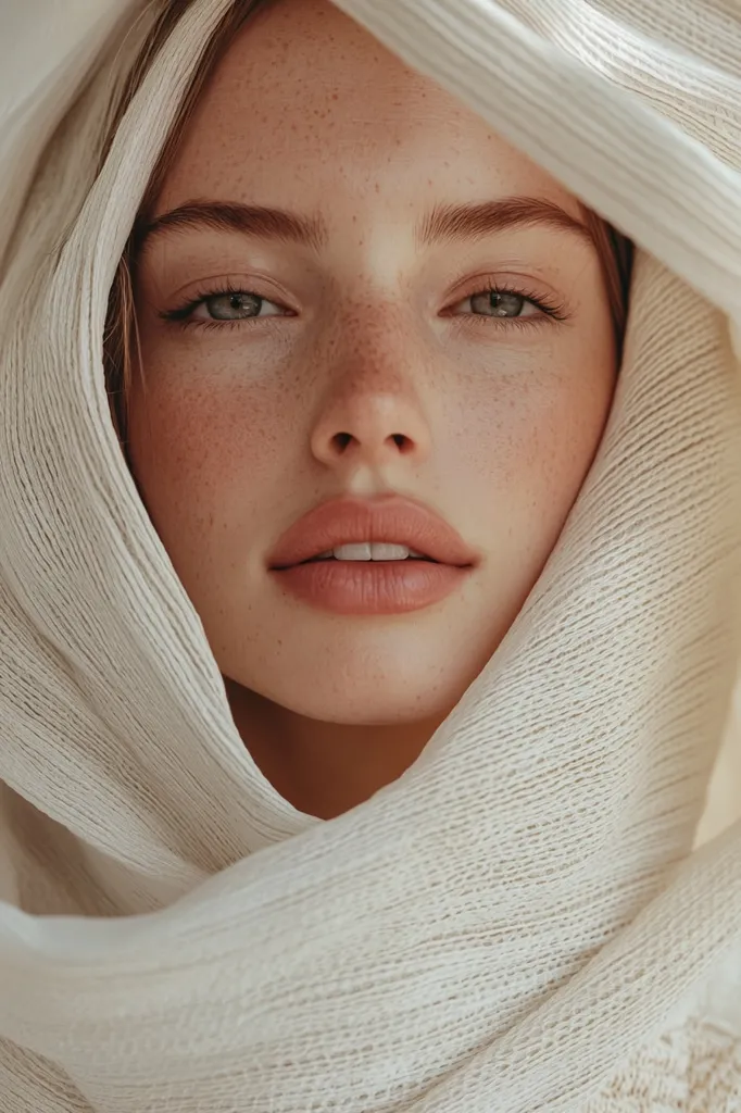 Close-up portrait of a young woman with fair skin and freckles, partially veiled by a creamy-white, textured fabric.  Her eyes are a soft, light gray-green, and her expression is serene and calm. The fabric drapes softly around her face, highlighting her delicate features and emphasizing a sense of mystery and elegance. The overall mood is one of peaceful beauty.