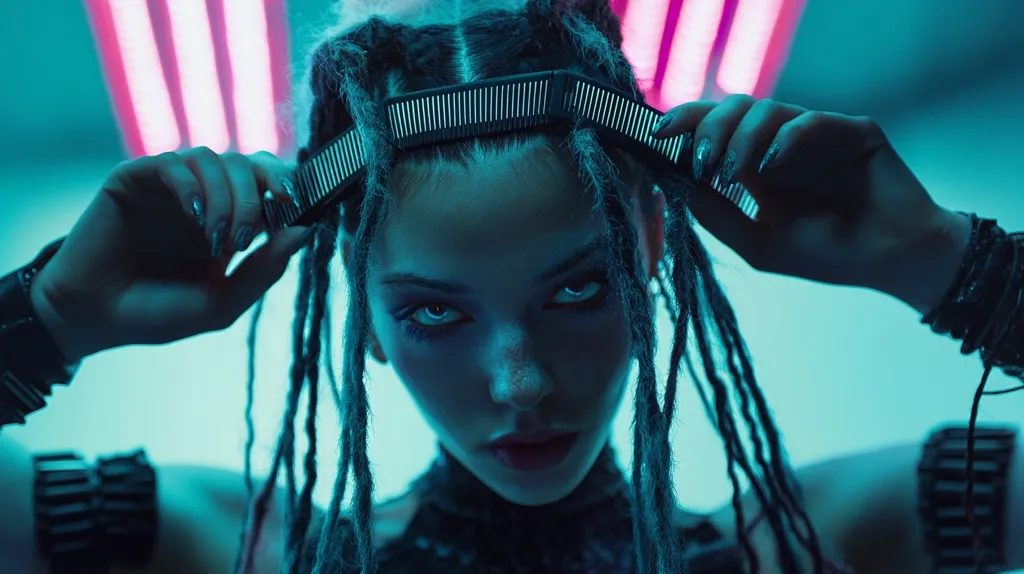 Close-up of a young woman with long, dark dreadlocks. She's adjusting a futuristic-looking, grid-like headband atop her head.  The scene is bathed in vibrant teal and pink neon light, creating a cyberpunk aesthetic. Her intense gaze and dark makeup contribute to a strong, almost defiant expression. The overall image is stylized and dramatic, hinting at a science fiction or fantasy context.