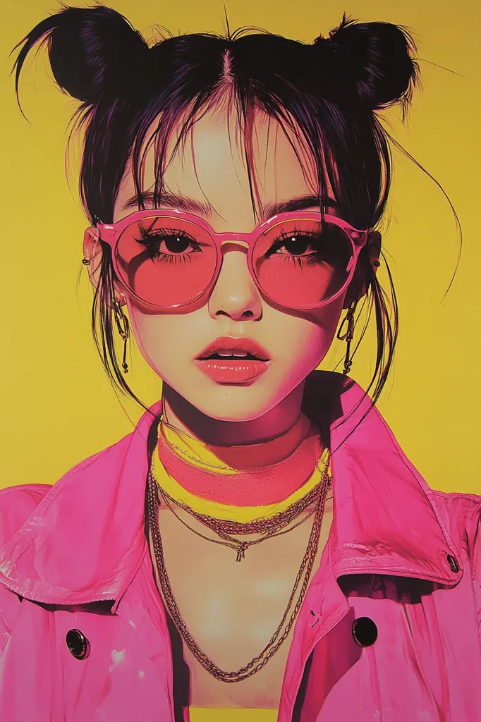 Here's a description of the image:

The illustration showcases a young woman with dark hair styled in two high buns, her bangs falling softly over her forehead.  She wears vibrant pink sunglasses, a bright pink leather jacket, and layered necklaces in gold and yellow. Her makeup is subtly done with a focus on defined eyes and lips, matching the overall bold, saturated color palette of the image.  The background is a solid, sunny yellow, creating a high-contrast and visually striking effect.  The style is reminiscent of digital art, with smooth lines and a glossy finish.